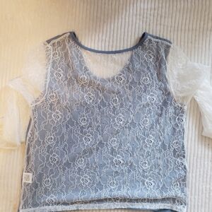 Floral Lace Overlay Juinors Top Blue & White Large